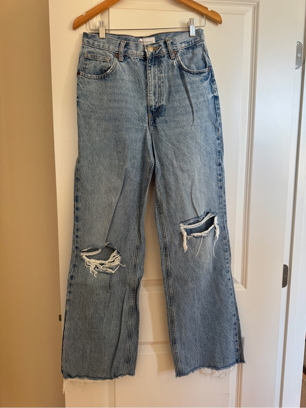 Zara Light Blue Distressed Wide-Leg Jeans